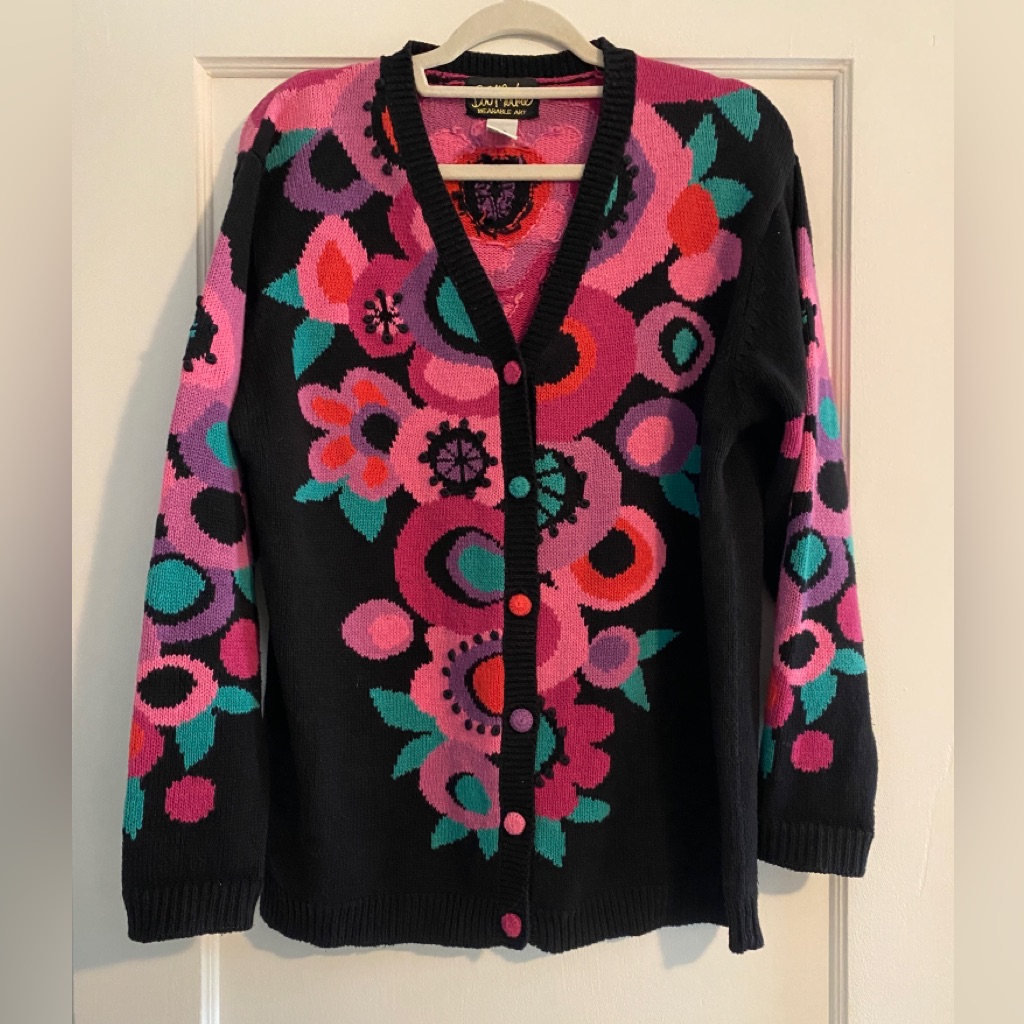 Rare Vintage Bob Mackie Wearable Art Floral Knit Cardigan Sweater Size Medium